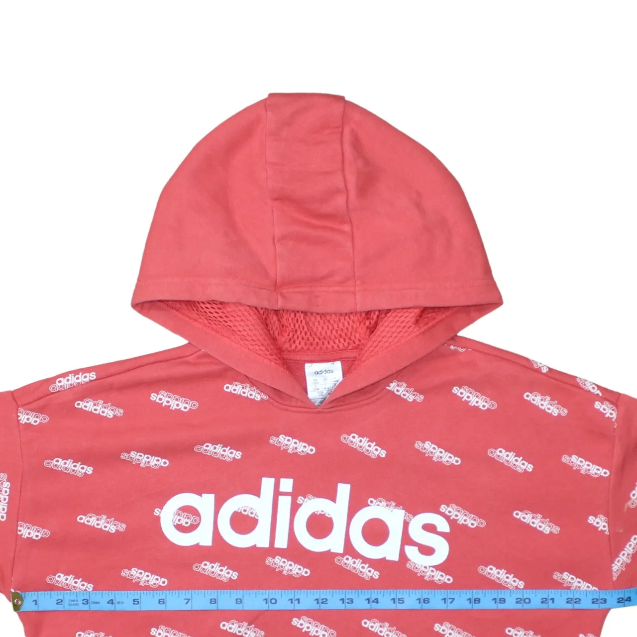 Adidas Coral Red Hoodie Women's Large All Over Logo Printed Front Branding Sweatshirt Top sold by Vintage Club product image thumbnail 5