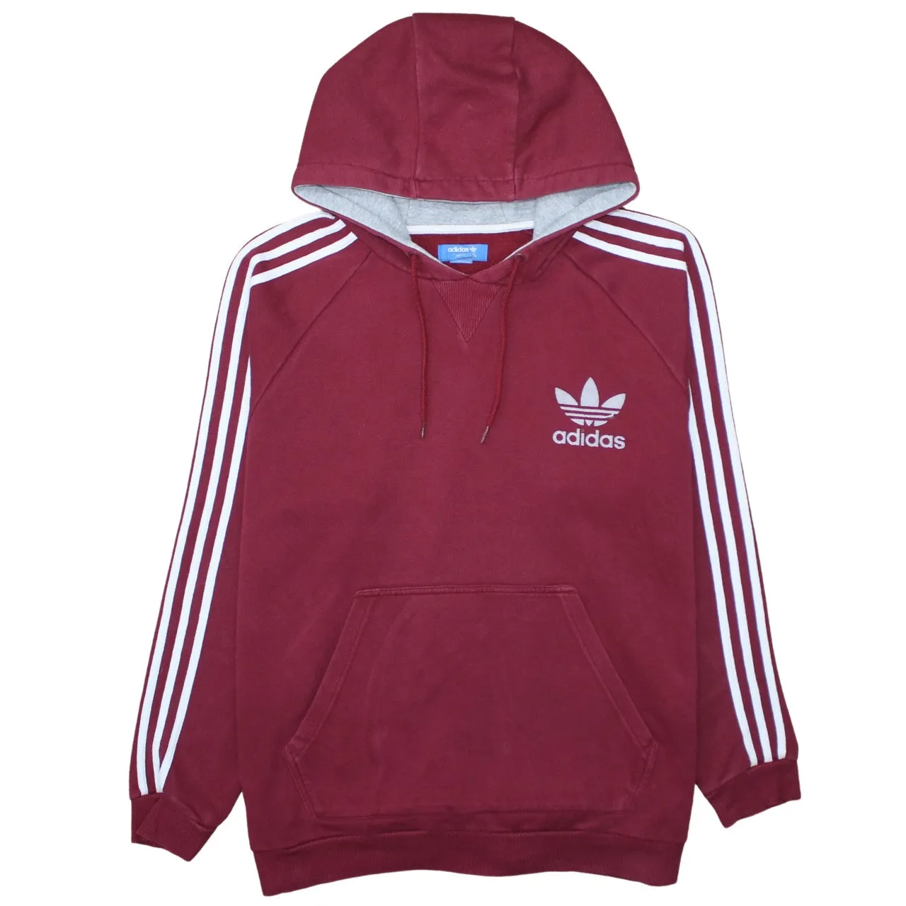 Adidas Burgundy Red Hoodie Women’s XLarge Embroidered Trefoil Logo Three Stripe Sleeves Pullover Sweatshirt sold by Vintage Club