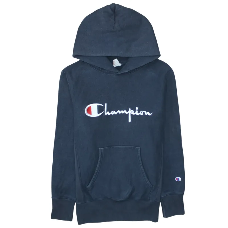 Champion Black Hoodie Women’s Medium Embroidered Script Logo Front Pocket Pullover Sweatshirt made by Champion