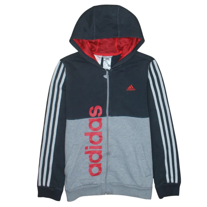 Adidas Black Grey Full Zip Hoodie Women’s Large Printed Logo Three Stripe Sleeves Sweatshirt made by Adidas