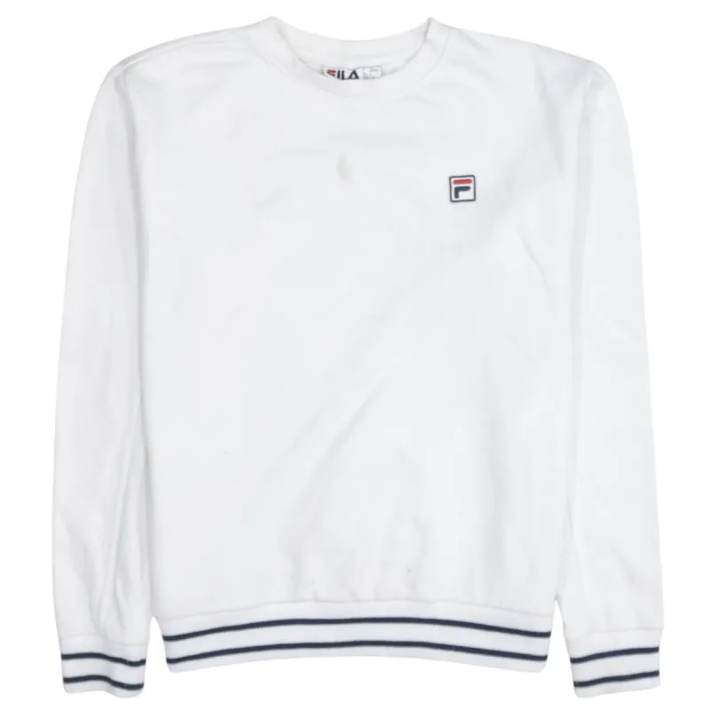 Fila White Sweatshirt Men’s Large Embroidered Chest Logo Striped Ribbed Hem Cuffs Pullover sold by Vintage Club
