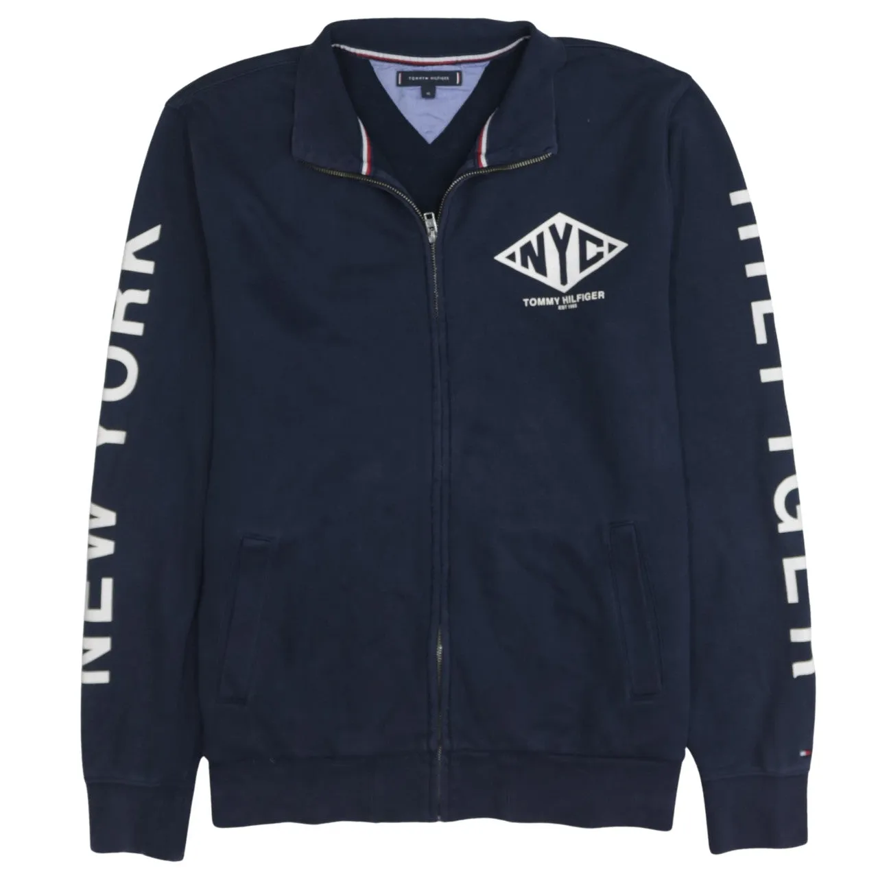 Tommy Hilfiger Navy Blue Zip Sweatshirt Women’s XLarge NYC Printed Logo Track Top sold by Vintage Club