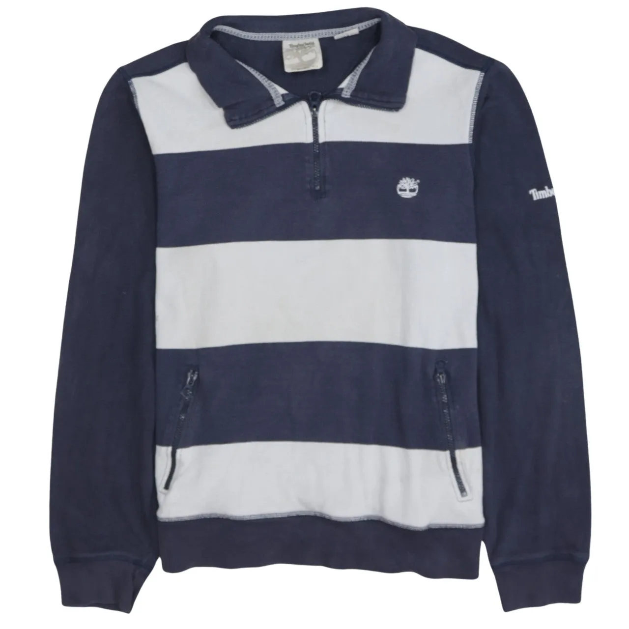 Timberland Navy White Stripe Sweatshirt Women’s XLarge Quarter Zip Embroidered Logo Pullover Top sold by Vintage Club