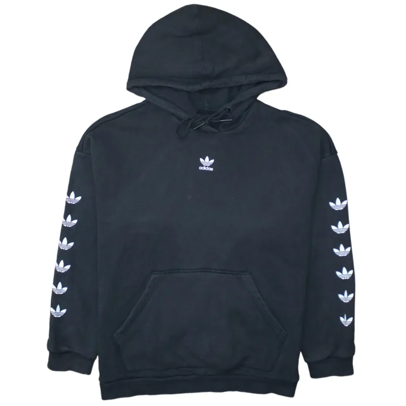 Adidas Black Hoodie Women’s Large Printed Trefoil Sleeve Logos Pullover Sweatshirt sold by Vintage Club