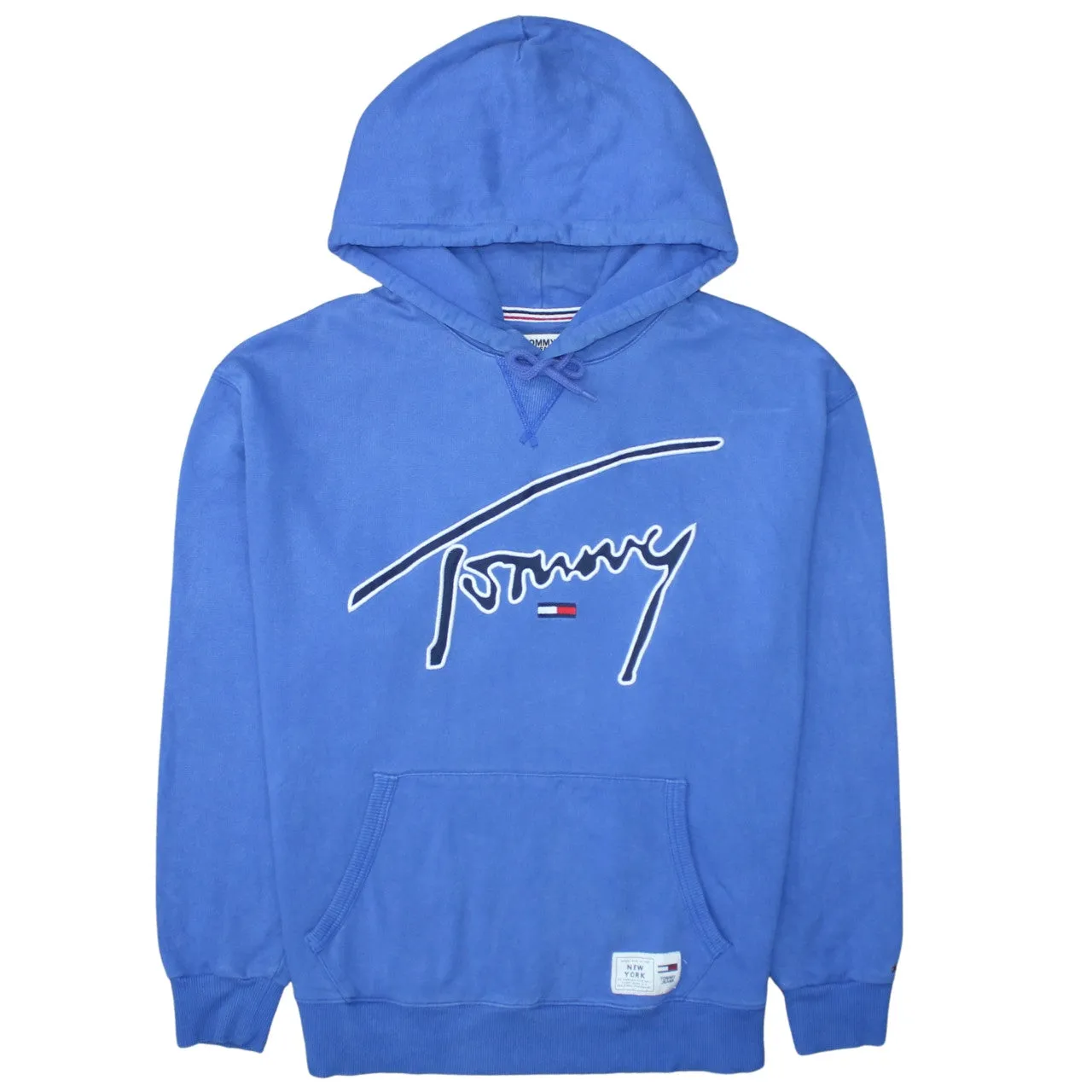 Tommy Jeans Blue Hoodie Men's Large Embroidered Script Logo Front Pocket Pullover Sweatshirt sold by Vintage Club