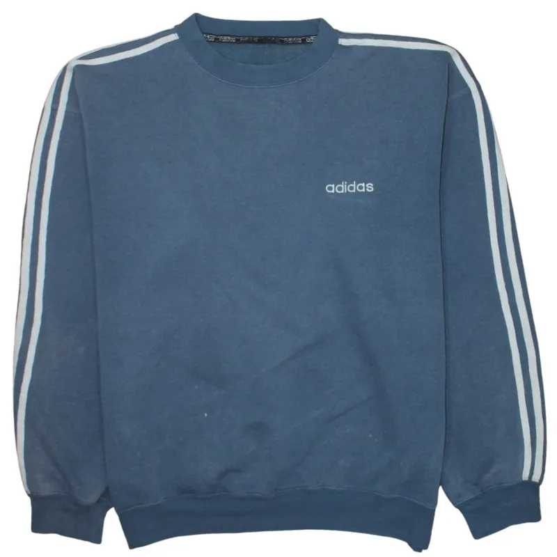 Adidas Blue Sweatshirt Men's XLarge Embroidered Logo Three Stripe Sleeves Crewneck Pullover sold by Vintage Club