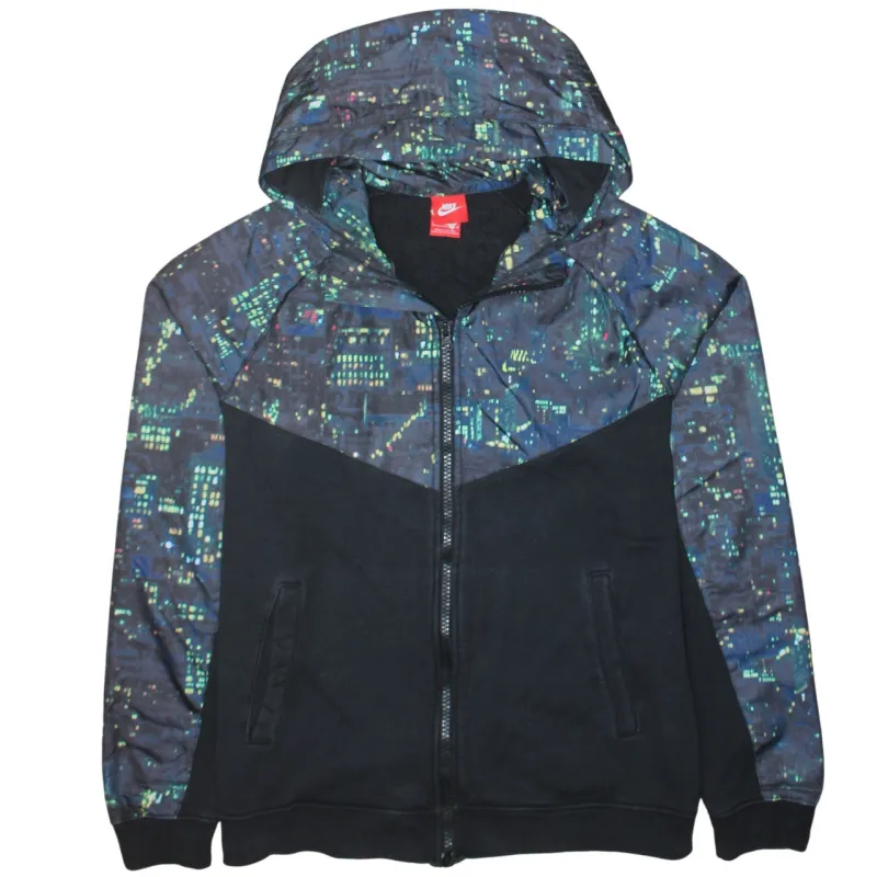 Nike Black Full Zip Hoodie Women's Large City Lights Print Panelled Sweatshirt Jacket made by Vintage Club
