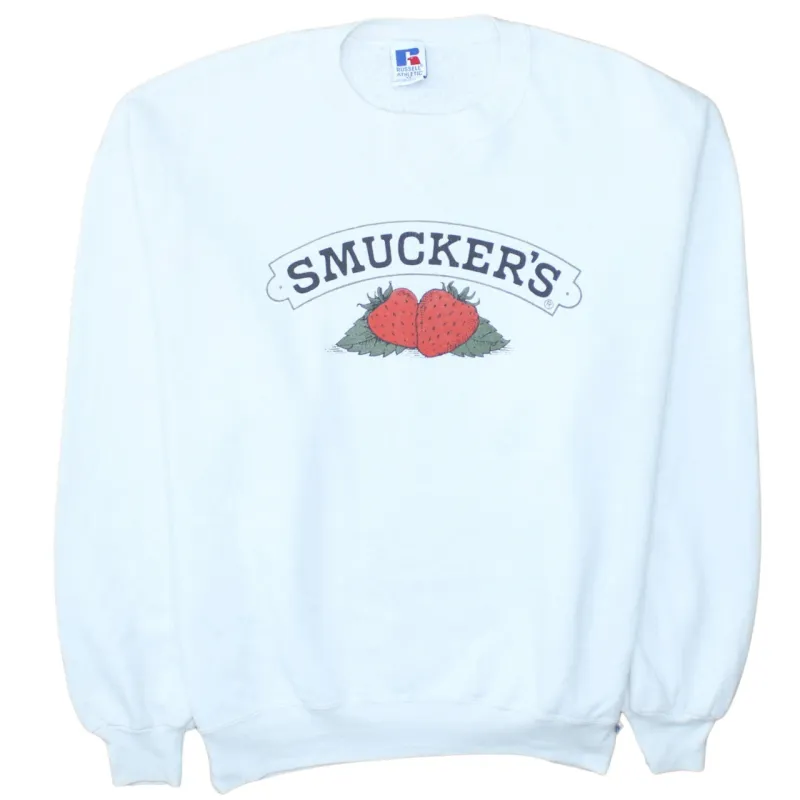 Russell Athletic White Sweatshirt Women's XLarge Smucker's Printed Logo Crewneck Pullover Fleece Top made by Russell Athletic