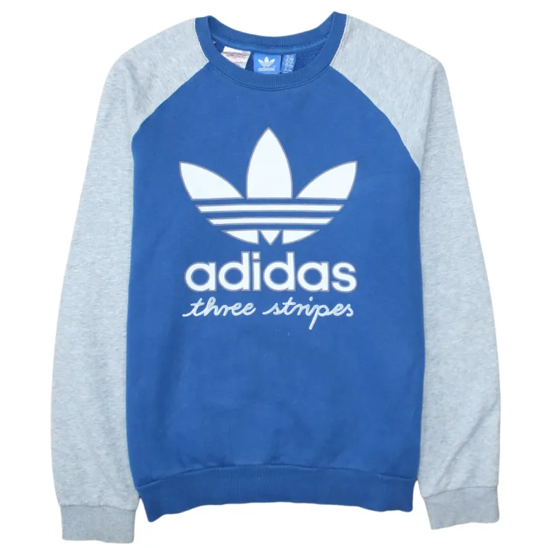 Adidas Blue Grey Sweatshirt Women’s Large Trefoil Printed Logo Raglan Pullover Top sold by Vintage Club