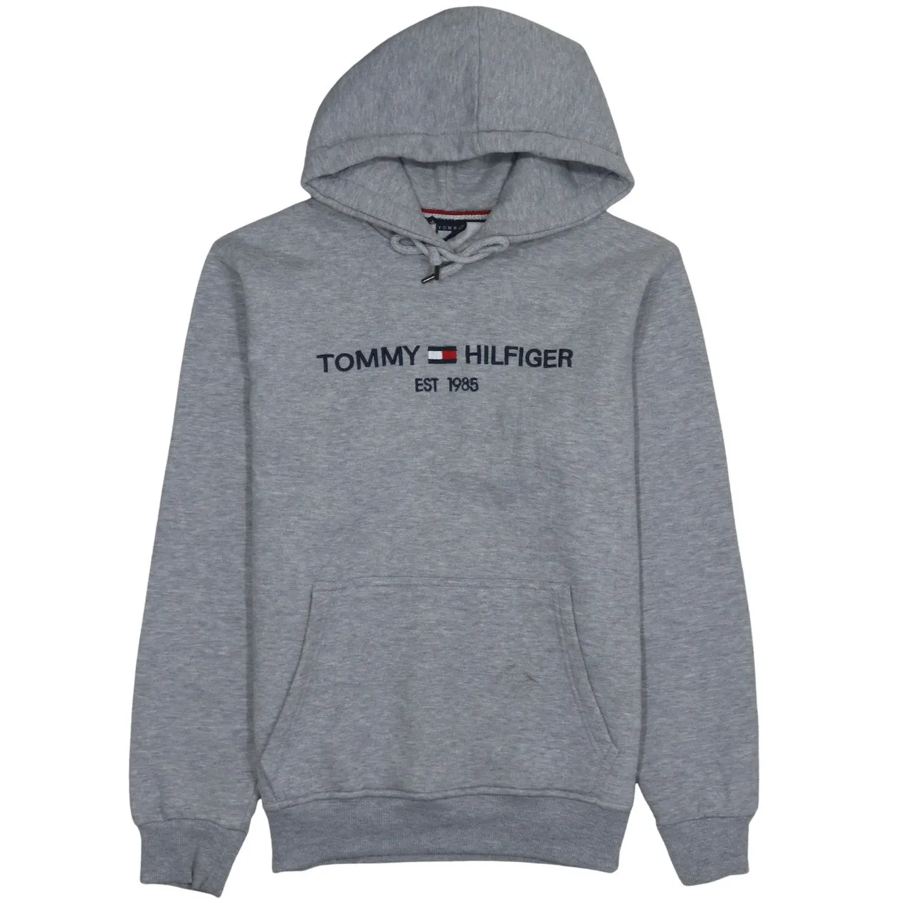 Tommy Hilfiger Grey Hoodie Men's Medium Embroidered Logo Drawstring Front Pocket Sweatshirt sold by Vintage Club