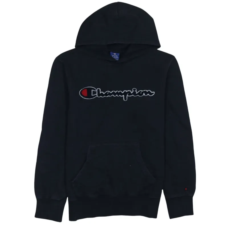 Champion Black Hoodie Men's Medium Embroidered Spellout Logo Front Pocket Pullover Sweatshirt sold by Vintage Club