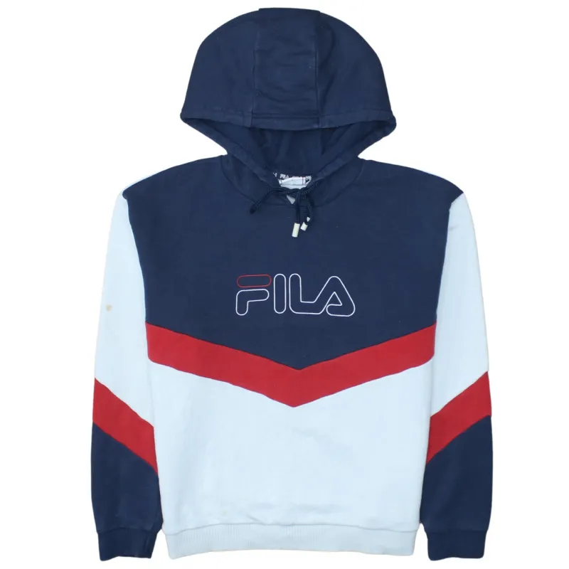 Fila Navy Blue Colour Block Hoodie Women's Medium Printed Logo Pullover Sweatshirt sold by Vintage Club
