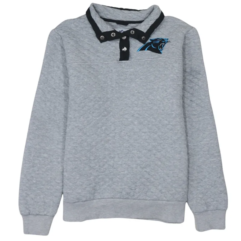 NFL Grey Quilted Sweatshirt Women’s Large Embroidered Panthers Logo Snap Neck Pullover Jumper sold by Vintage Club