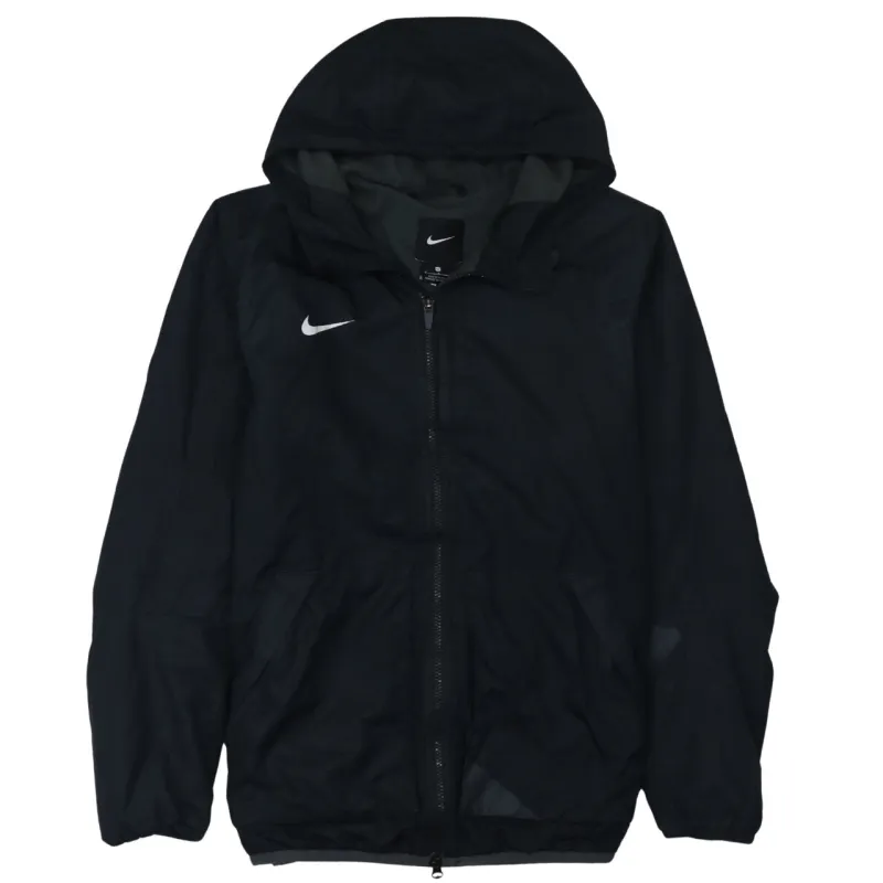 Nike Black Hooded Jacket Women’s Medium Full Zip Swoosh Logo Zip Pockets Windbreaker made by Nike