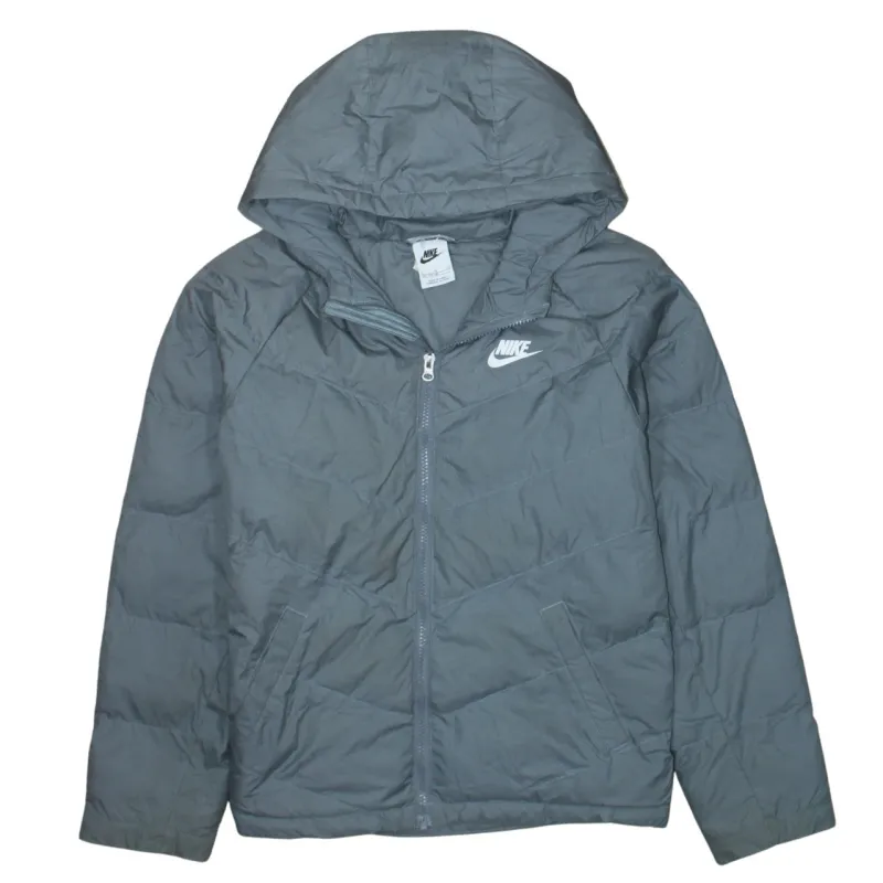 Nike Grey Hooded Puffer Jacket Women’s Large Printed Swoosh Zip Pockets Outerwear Coat sold by Vintage Club