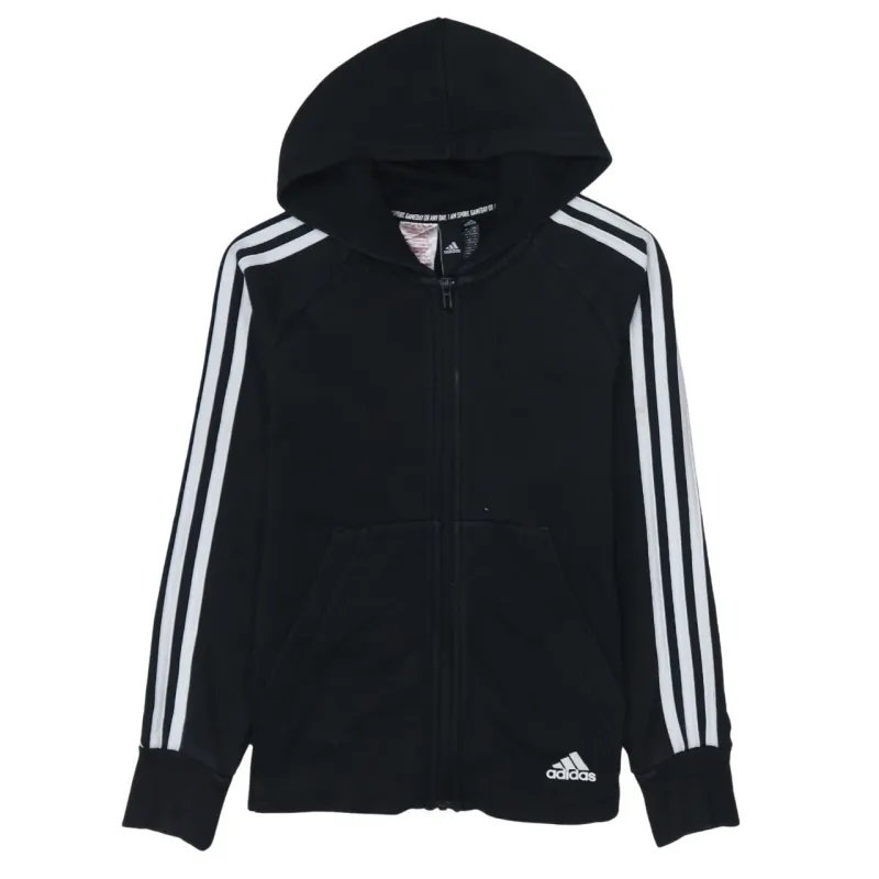 Adidas Black Zip Hoodie Women’s Medium Three Stripe Sleeves Embroidered Logo Sweatshirt sold by Vintage Club