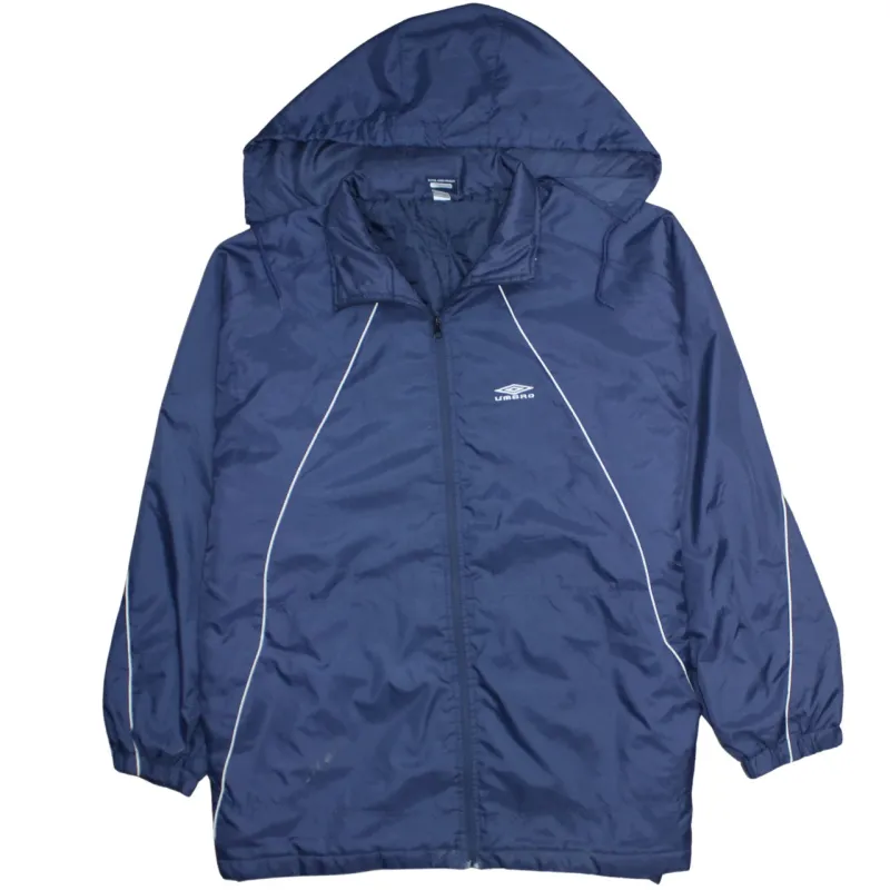 Umbro Navy Blue Hooded Windbreaker Men's XLarge Full Zip Printed Logo Jacket Coat made by Umbro