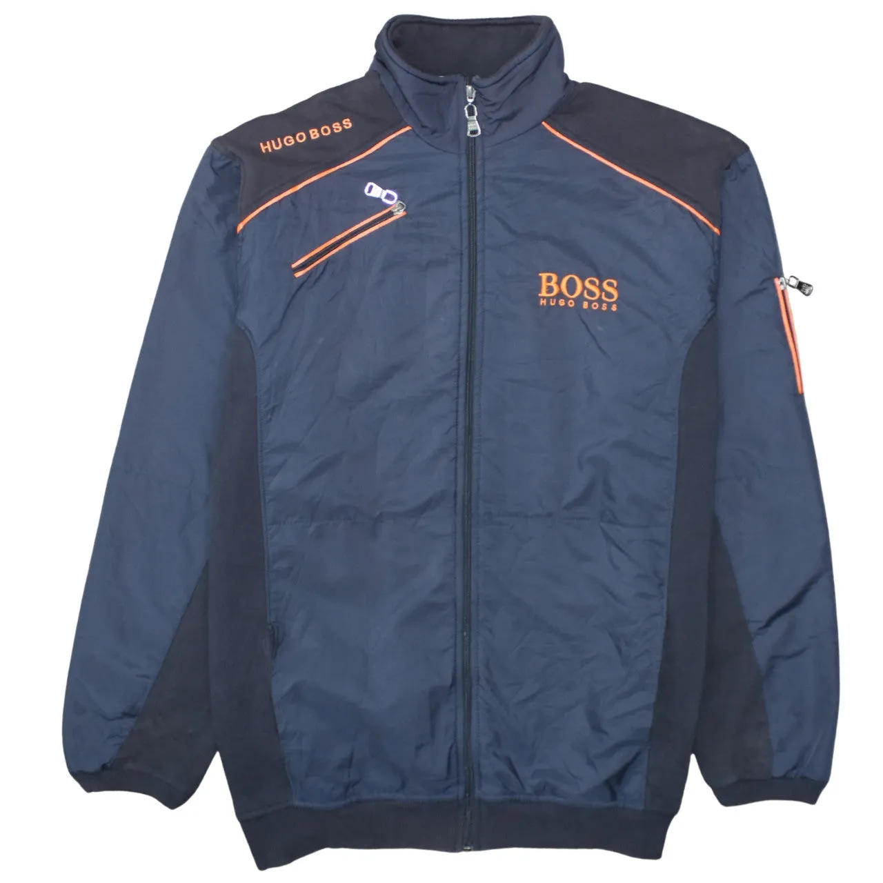 HUGO BOSS Navy Blue Jacket Women's 3XL Embroidered Logos Zip Pockets Fleece Lined Track Top sold by Vintage Club