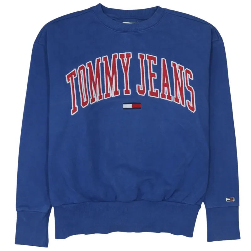 Tommy Jeans Blue Sweatshirt Men's Medium Embroidered Logo Crewneck Ribbed Cuffs Pullover sold by Vintage Club