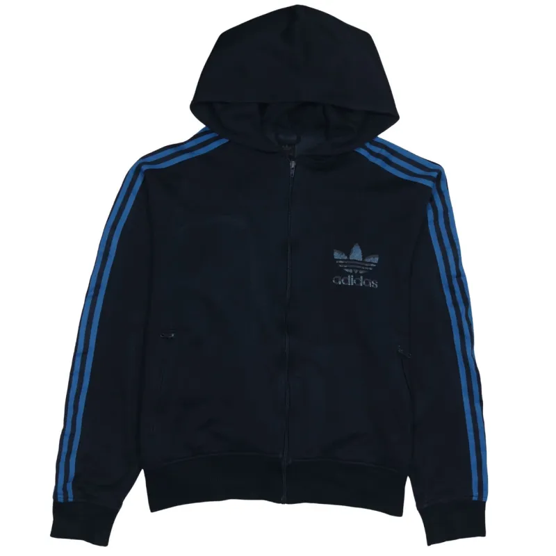 Adidas Navy Blue Hoodie Men's Large Full Zip Trefoil Printed Logo Three Stripe Top sold by Vintage Club