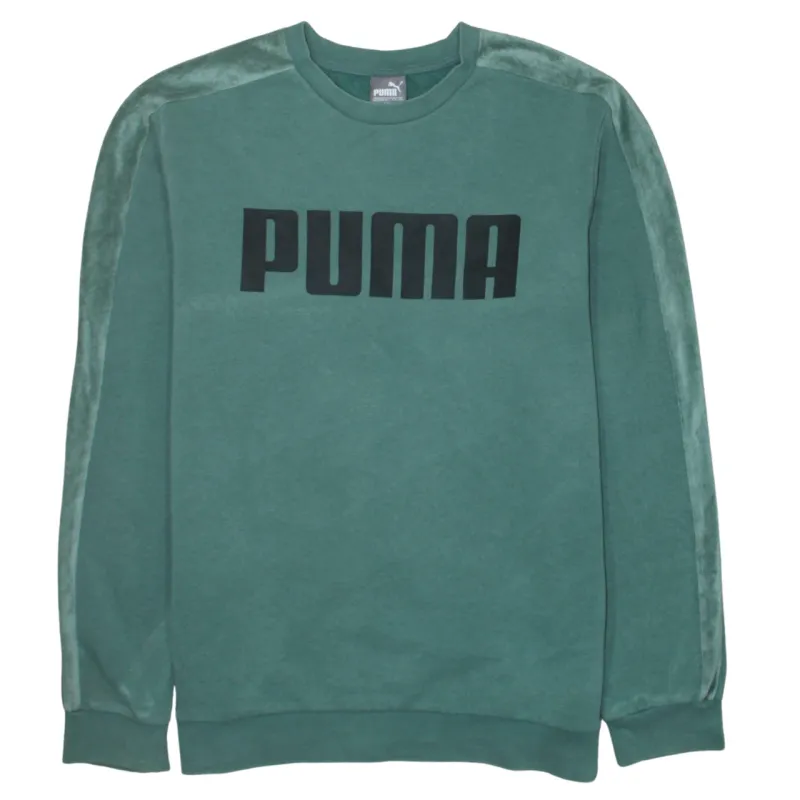 Puma Green Sweatshirt Men's Large Printed Logo Velour Stripe Sleeves Crewneck Pullover made by Puma