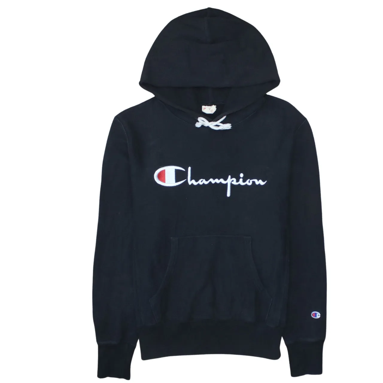 Champion Black Hoodie Women’s Large Embroidered Script Logo Front Pocket Pullover Sweatshirt sold by Vintage Club