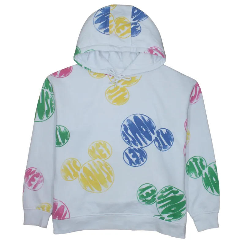 Disney White Hoodie Women’s Large All Over Mickey Mouse Printed Graphic Sweatshirt sold by Vintage Club
