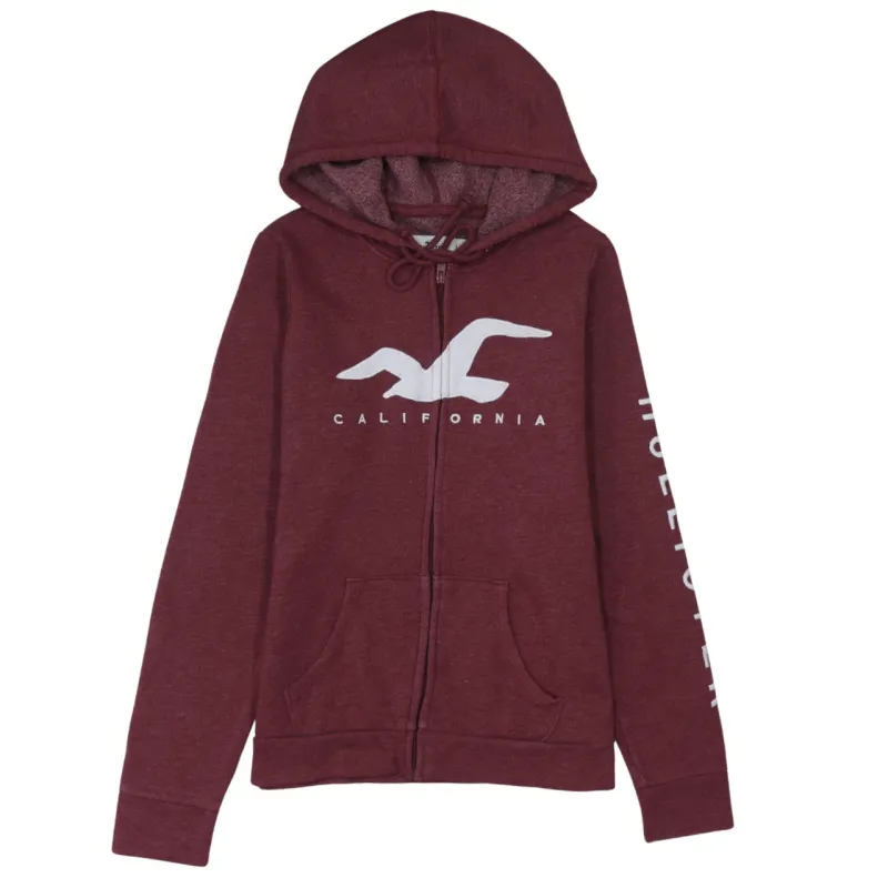 Hollister Burgundy Red Hoodie Women’s Large Zip Front Printed Logo Sleeve Graphic Sweatshirt sold by Vintage Club