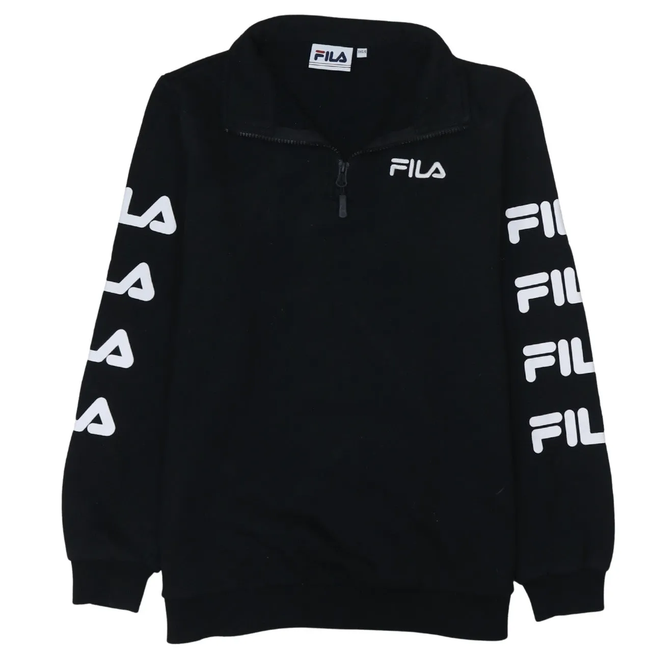 Fila Black Quarter Zip Sweatshirt Women’s XXSmall Printed Logo Sleeve Branding Pullover Top sold by Vintage Club