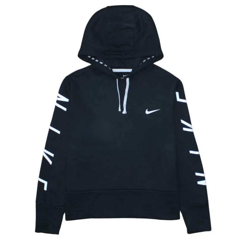 Nike Black Hoodie Men's Medium Printed Sleeve Logo Swoosh Drawstring Pullover Sweatshirt sold by Vintage Club