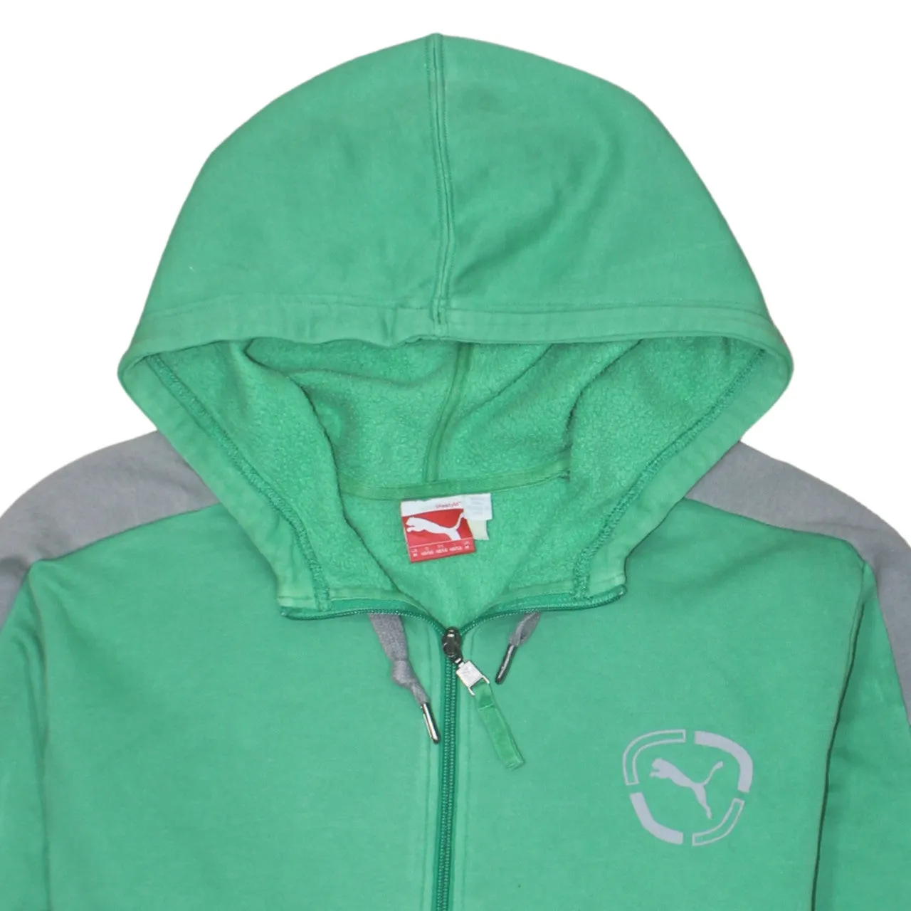 Puma Green Full Zip Hoodie Men's Medium Printed Chest Logo Contrast Sleeve Panels Sweatshirt sold by Vintage Club product image thumbnail 3