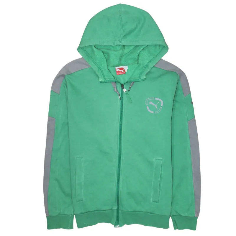Puma Green Full Zip Hoodie Men's Medium Printed Chest Logo Contrast Sleeve Panels Sweatshirt made by Puma