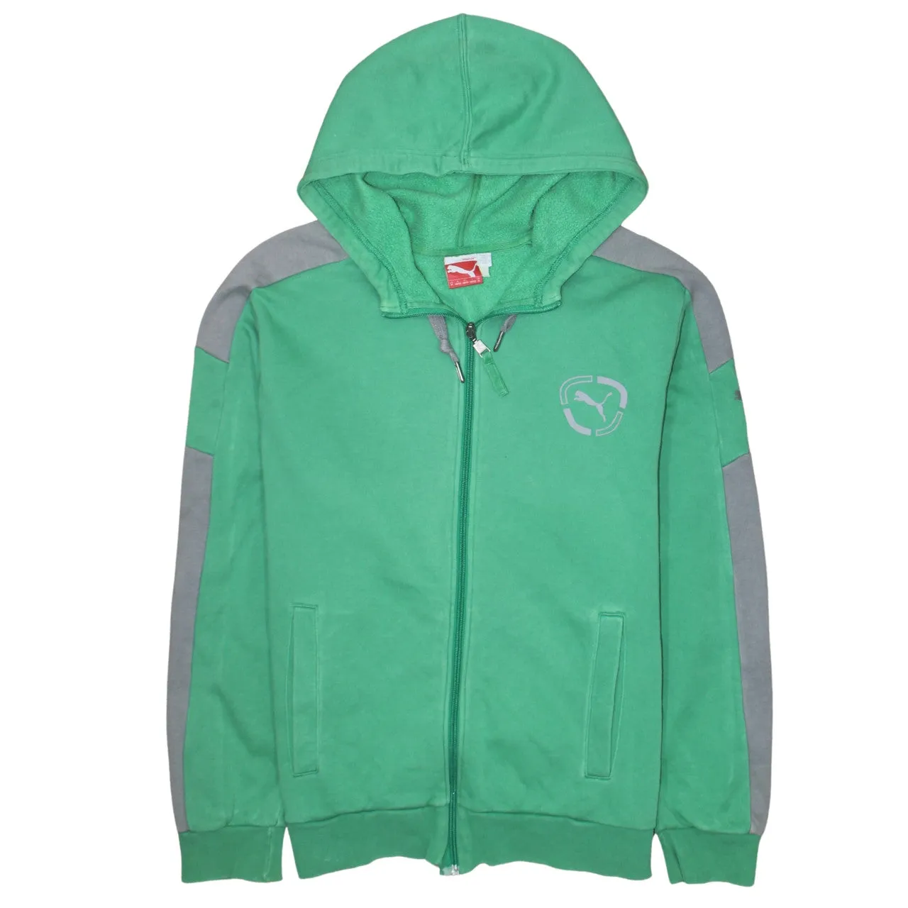 Puma Green Full Zip Hoodie Men's Medium Printed Chest Logo Contrast Sleeve Panels Sweatshirt sold by Vintage Club