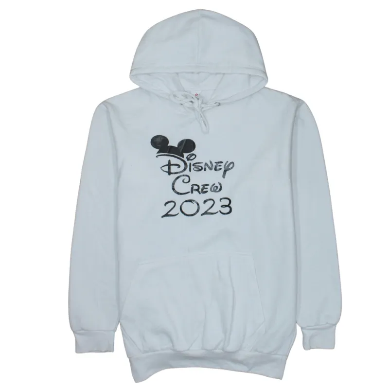 Disney White Hoodie Women’s Medium Printed Disney Crew 2023 Fleece Pullover Sweatshirt made by Disney