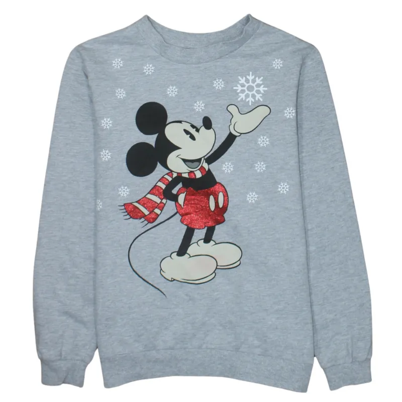 Disney Grey Sweatshirt Women's Medium Mickey Mouse Glitter Print Snowflake Pullover Top made by Disney
