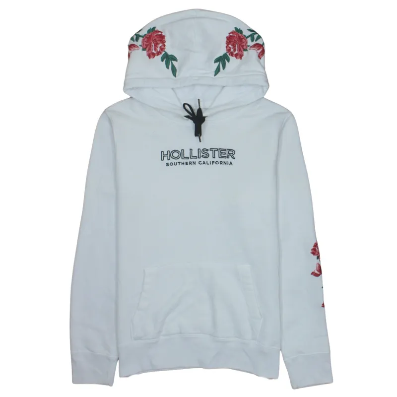 Hollister White Hoodie Men's Small Floral Print Sleeves Embroidered Logo Pullover Sweatshirt sold by Vintage Club