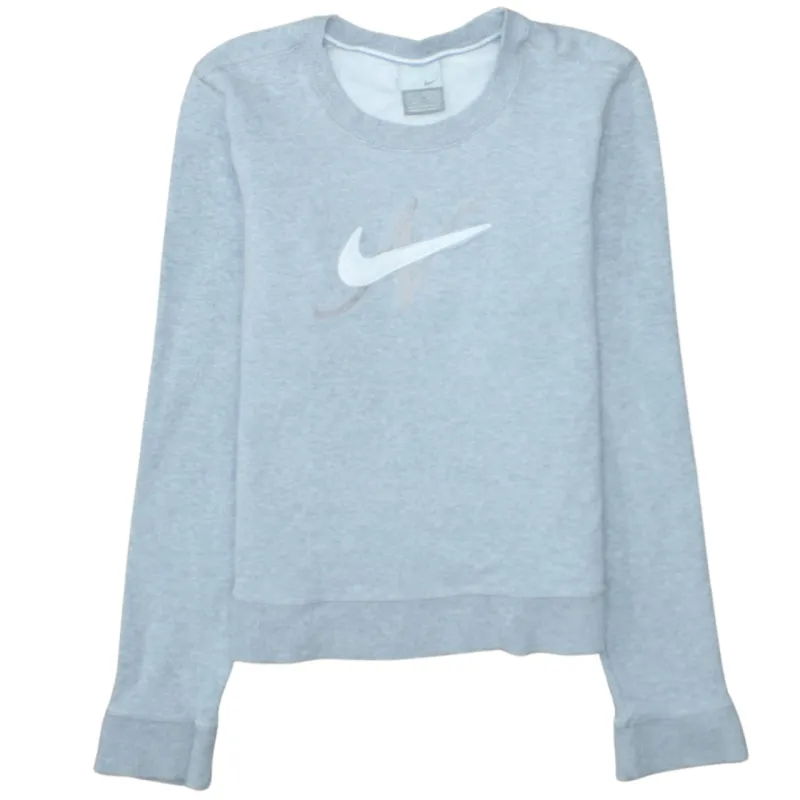 Nike Light Grey Sweatshirt Women's Small Printed Swoosh Logo Crewneck Pullover Top sold by Vintage Club