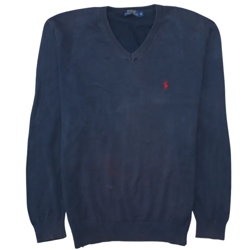 Polo Ralph Lauren Navy Blue Jumper Men’s XLarge V Neck Embroidered Red Pony Knit Sweater sold by Vintage Club