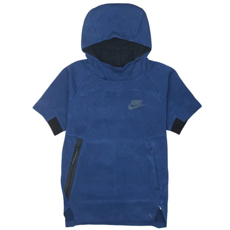 Nike Navy Blue Short Sleeve Hoodie Women’s Large Printed Logo Zip Pocket Pullover Top made by Nike