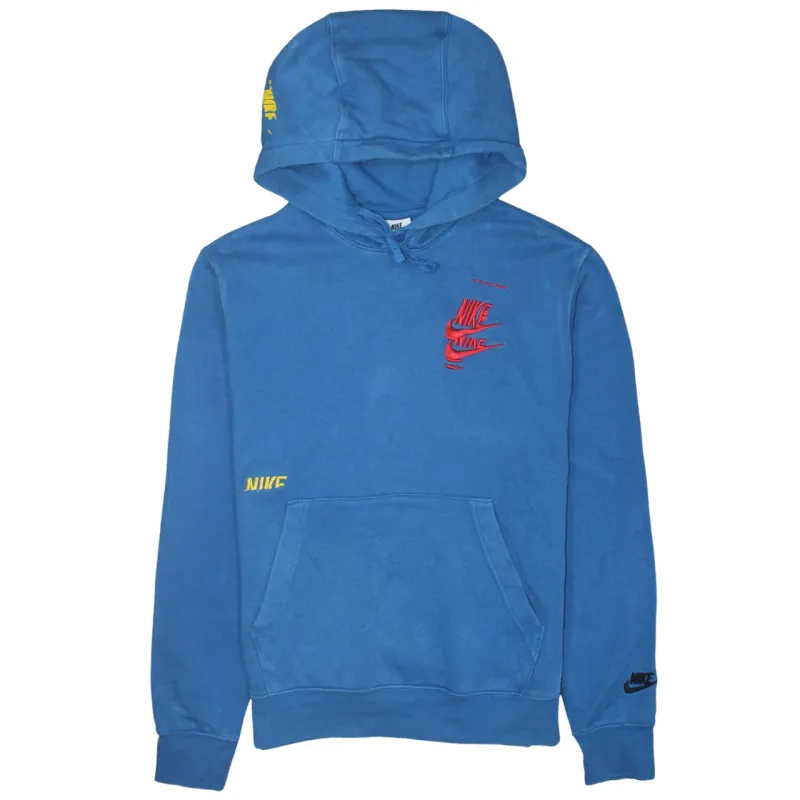 Nike Blue Hoodie Men's Small Printed Multi Logo Front Back Pullover Sweatshirt made by Nike
