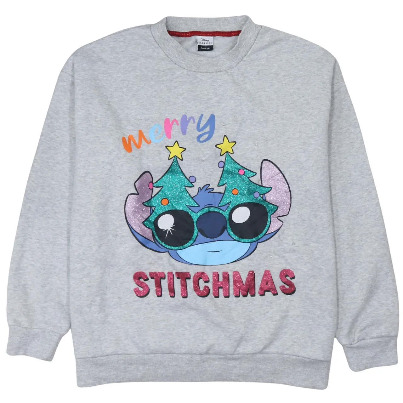 Disney Grey Sweatshirt Women's Large Merry Stitchmas Printed Graphic Fleece Pullover Top sold by Vintage Club