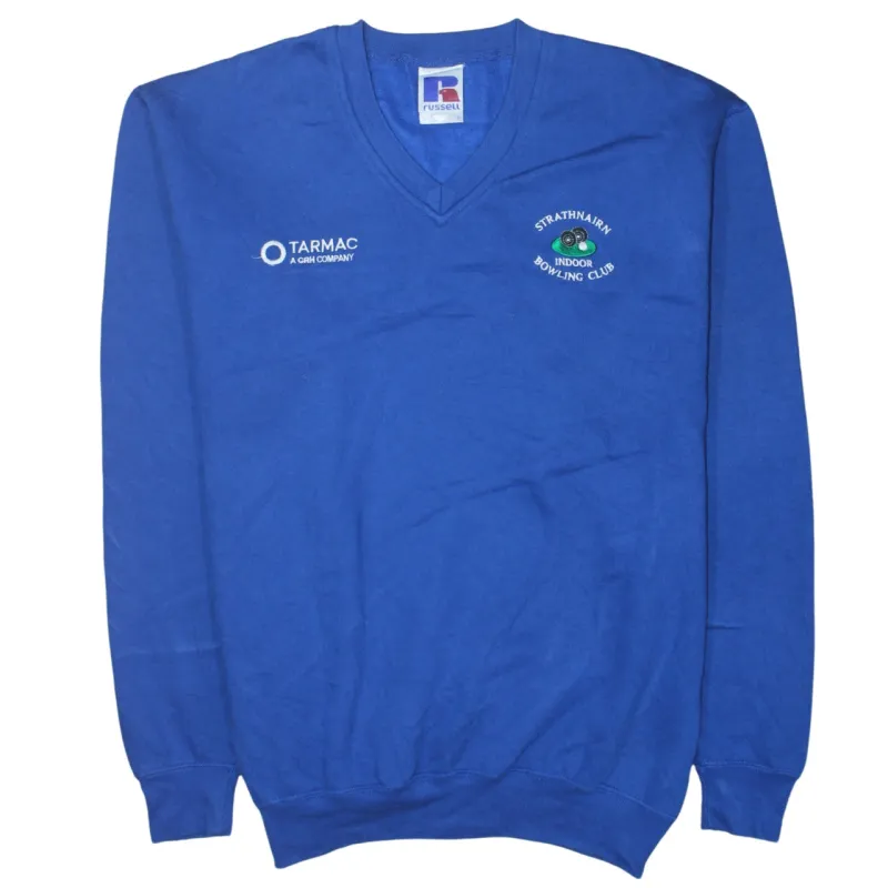 Russell Athletic Royal Blue Sweatshirt Men's Large Embroidered Bowling Club Logo Pullover Jumper made by Russell Athletic