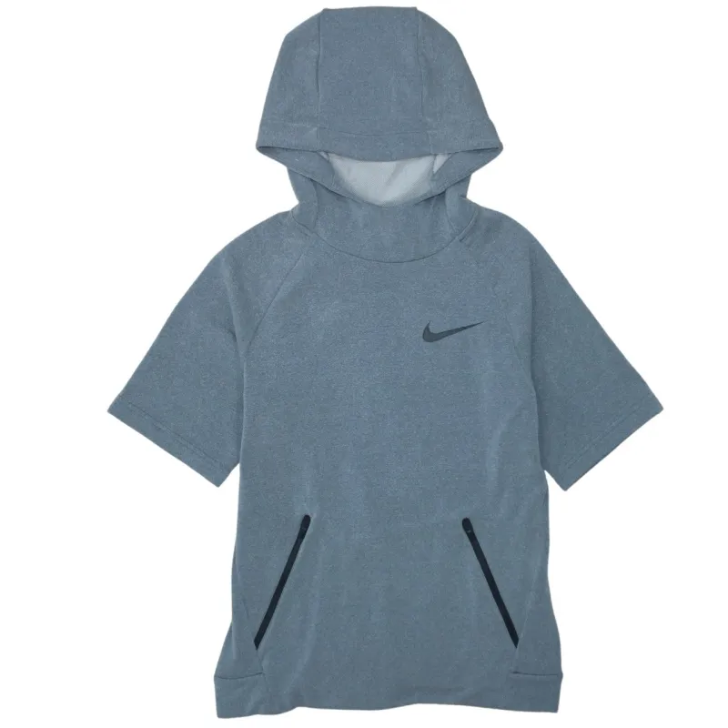 Nike Grey Hoodie Women’s XSmall Short Sleeve Printed Swoosh Zip Pockets Pullover Top made by Nike