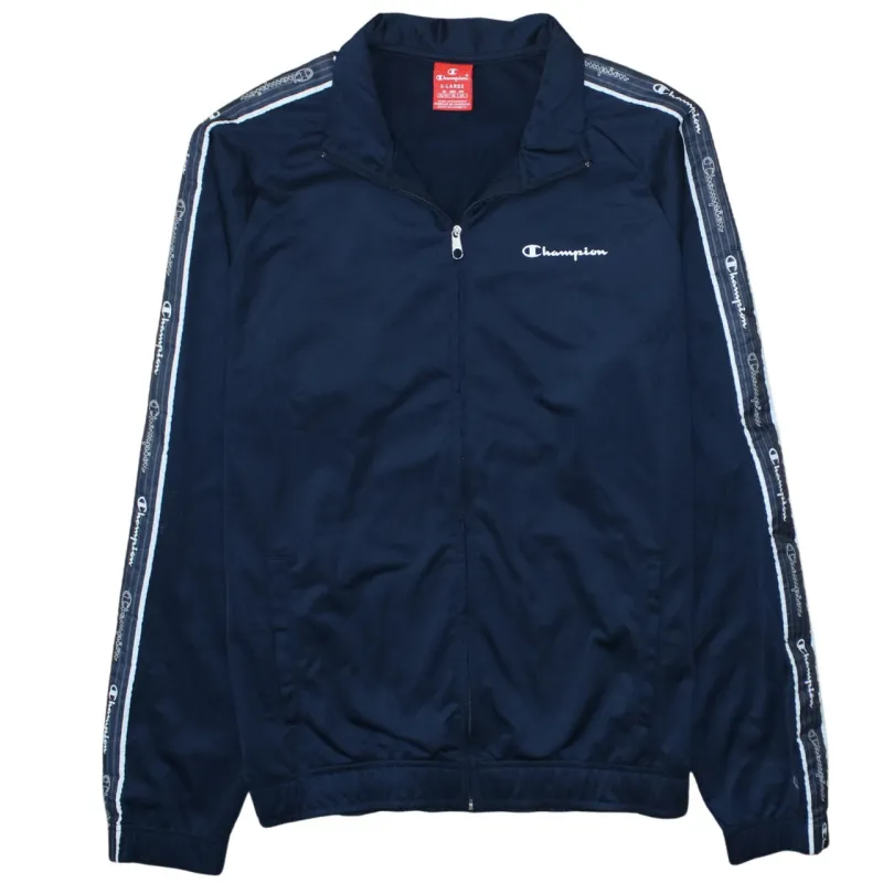 Champion Navy Blue Track Jacket Women’s XLarge Tape Logo Sleeves Full Zip Lightweight Top sold by Vintage Club