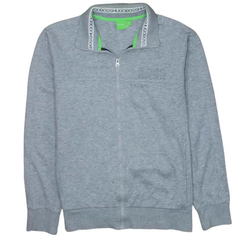 HUGO BOSS Grey Full Zip Sweatshirt Men's Large Embroidered Logo Stand Collar Jacket Top sold by Vintage Club