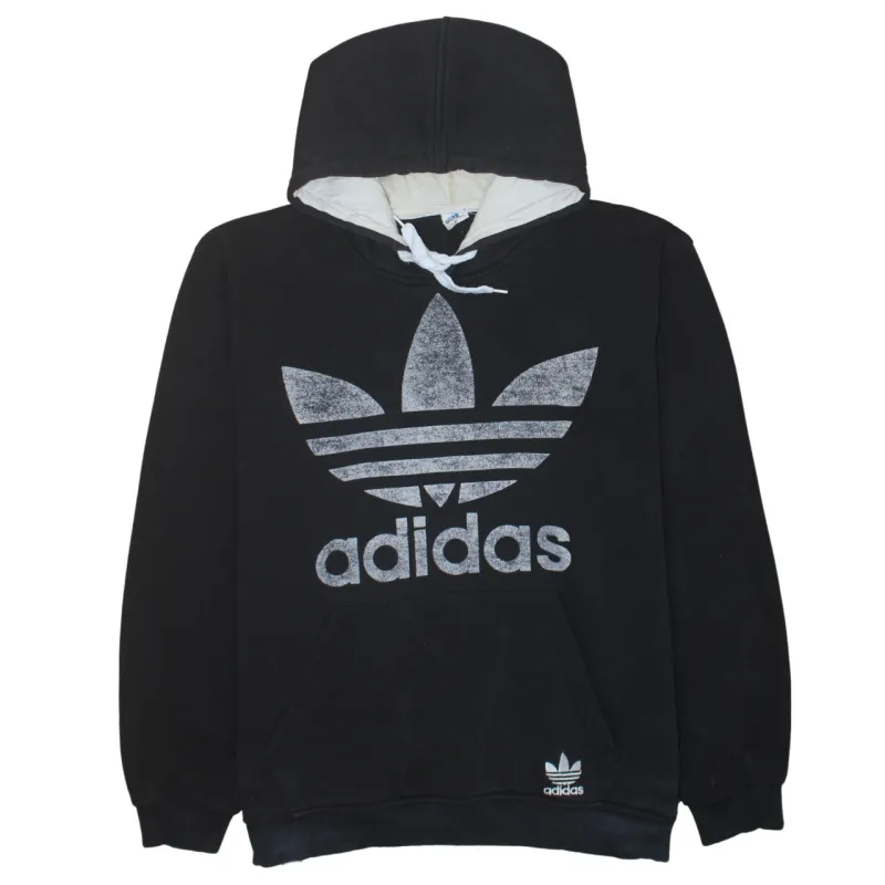 Adidas Black Hoodie Women’s XLarge Printed Trefoil Logo Front Pocket Pullover Sweatshirt sold by Vintage Club