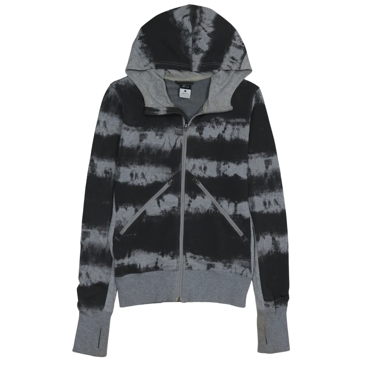 Nike Black Grey Hoodie Women’s Large Full Zip Tie Dye Print Thumb Hole Cuffs Sweatshirt sold by Vintage Club