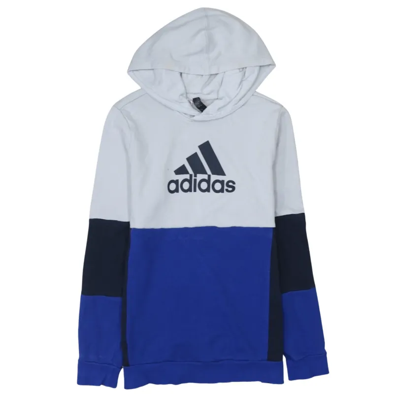 Adidas White Blue Hoodie Women’s Large Printed Logo Colour Block Pullover Sweatshirt sold by Vintage Club