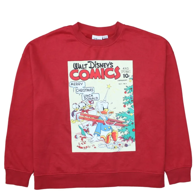 Disney Burgundy Red Sweatshirt Women’s Large Donald Duck Christmas Printed Graphic Pullover Jumper sold by Vintage Club