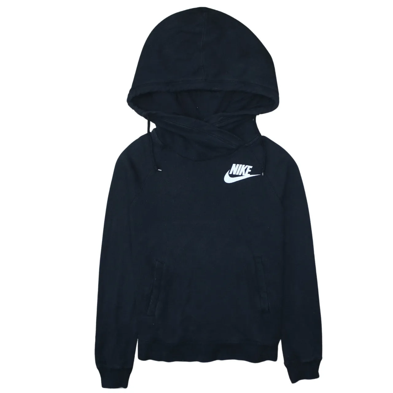 Nike Black Hoodie Women’s Medium Printed Swoosh Logo Front Pouch Pullover Sweatshirt sold by Vintage Club